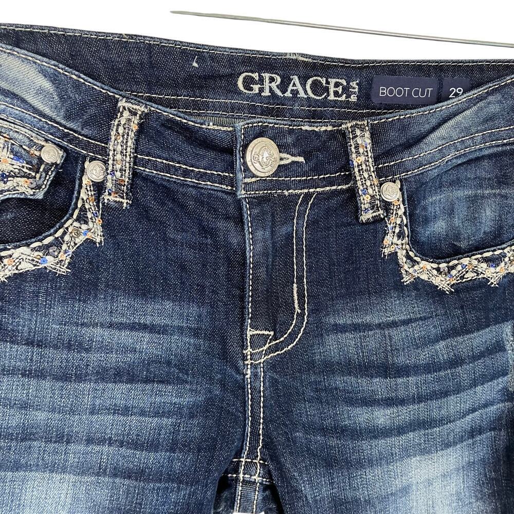 Grace In La Sz 29 Flap Pocket Embellished Embroidered Low Rise Bootcut Jeans - Picture 3 of 16
